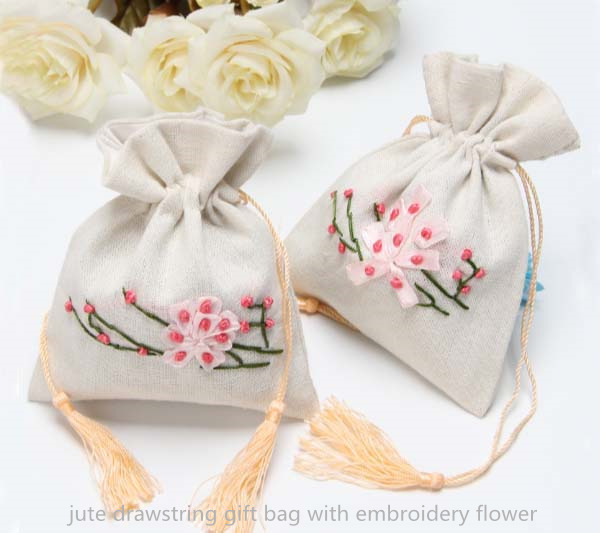 jute drawstring gift bag with embroidery flowers
