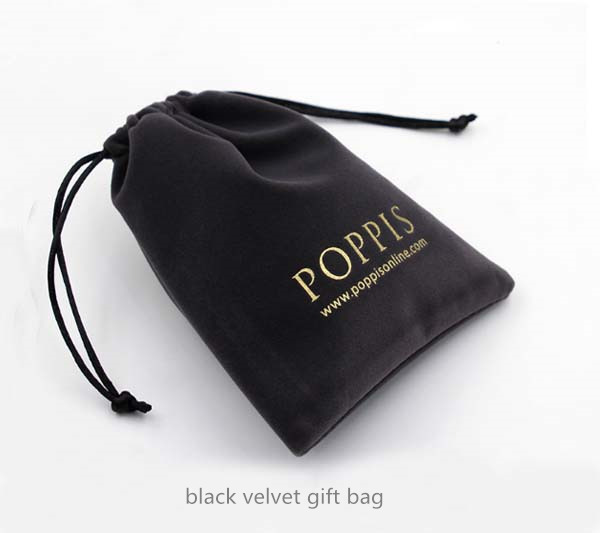 black velvet gift bag with gold logo