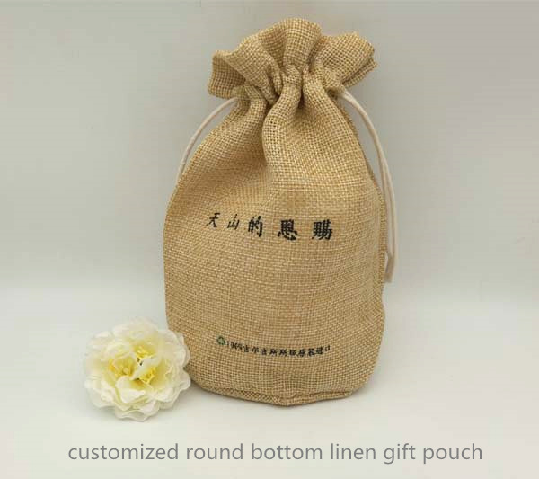 customized round bottom linen gift pouch